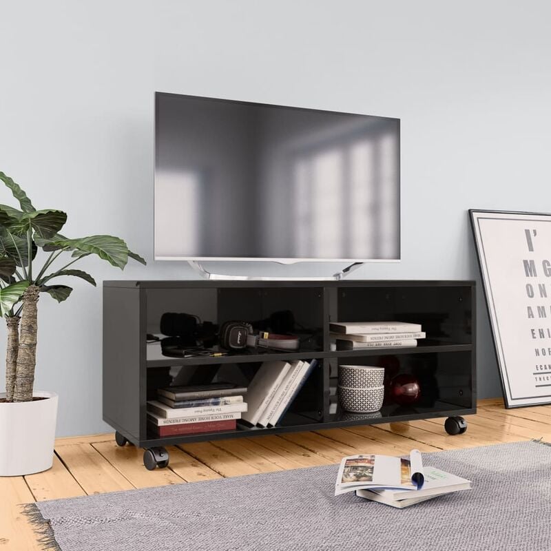 

Mueble de TV con ruedas aglomerado negro brillante 90x35x35 cm