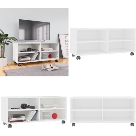 Mueble de TV con ruedas madera contrachapada blanco 90x35x35 cm - Mueble de TV con ruedas - Mueble de TV blanco