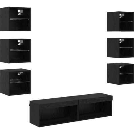 Mueble de TV con tira de luces LED 8 pcs Roble Negro Cristal vidaXL