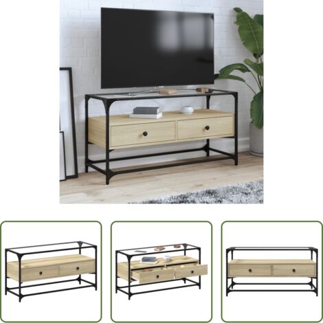 Mueble de tv cristal y madera -  Mueble TV cristal y madera ingeniería roble Sonoma 98x35x51 cm