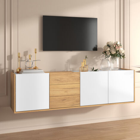 Mueble de TV de 172 cm, soporte de TV para colgar en la pared o colocar en el suelo, color blanco + madera, 172x35x47 cm