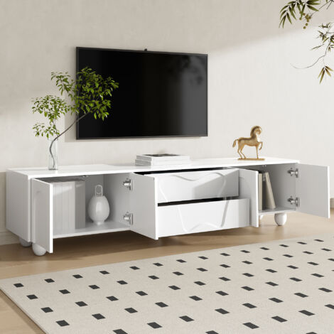 Mueble de TV de 180 cm con almacenaje, 4 puertas y 2 cajones, ideal para salón o dormitorio, 180 x 40 x 42 cm, blanco