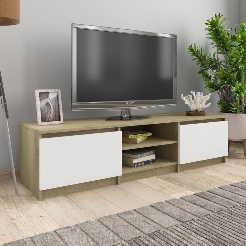 

Mueble de TV de aglomerado blanco y roble Sonoma 140x40x35,5 cm