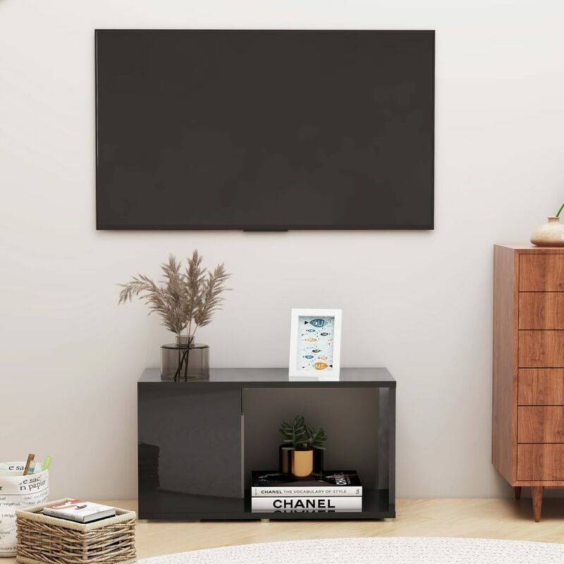 

Mueble de TV de aglomerado negro brillante 60x24x32 cm