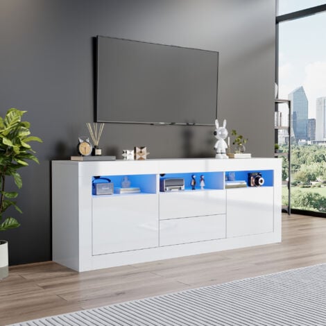 NECHE Mueble de TV de alto brillo de 160 x 35 x 60 cm con LED, 3 compartimentos abiertos, 2 puertas + 2 cajones, control inteligente mediante aplicación, blanco