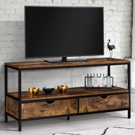 Mueble de TV de diseño industrial DAYTON de 2 cajones en madera envejecida, 113 cm