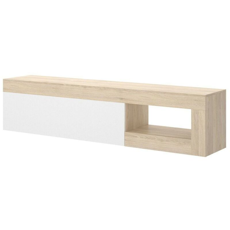 

Mueble de TV de diseño moderno LEBO tablero de partículas melaminizado color blanco brillo y natural 204x42x48 cm