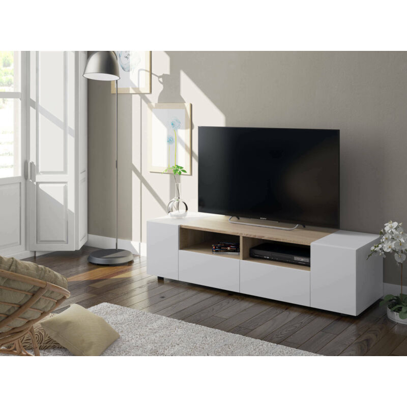 

Mueble TV para salón con dos puertas batientes, dos puertas abatibles y dos baldas pequeñas, color blanco con detalle de roble, 138 x 36 x 32 cm.