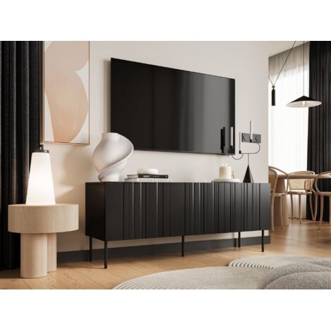 Mueble de TV de fresno, aparador de salón con tres puertas batientes y tres compartimentos interiores, elevado del suelo, 151x42 h60 cm, negro