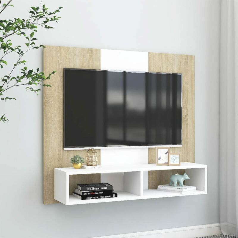

Mueble de TV de pared aglomerado blanco y roble 102x23,5x90 cm