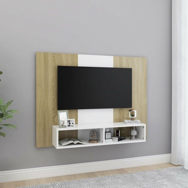 

Happyshopping - Mueble de TV de pared aglomerado blanco y roble 120x23,5x90 cm