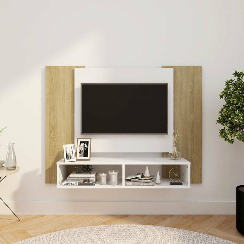 

Mueble de TV de pared aglomerado blanco y roble 120x23,5x90 cm