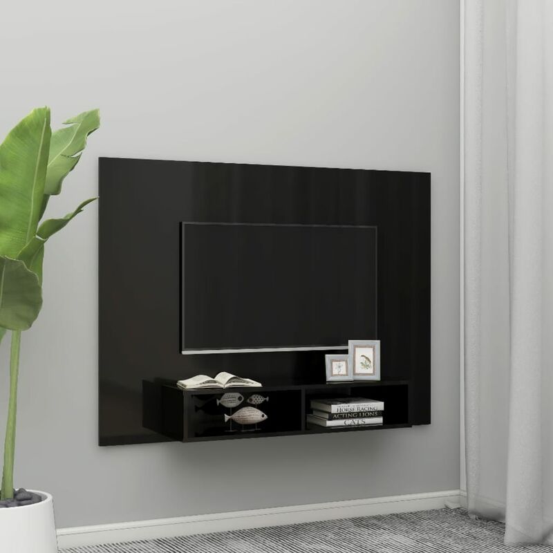 

Mueble de TV de pared aglomerado negro brillo 135x23,5x90 cm