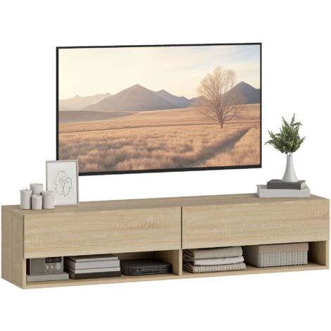 Mueble de TV de pared con 2 cajones abatibles y 2 estantes abiertos para televisores de 60 pulgadas, 140 x 32 x 31 cm, madera natural.