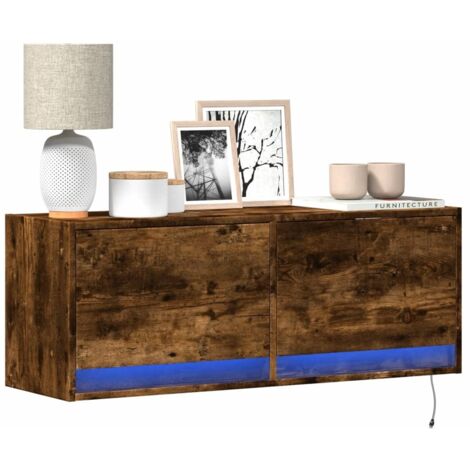 Mueble de TV de pared con luces LED roble ahumado 100x31x35 cm