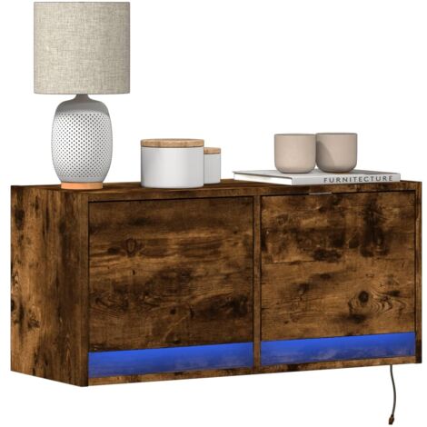 Mueble de TV de pared con luces LED roble ahumado 80x31x35 cm