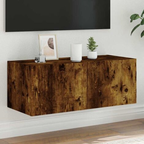 Mueble de TV de pared con luces LED roble ahumado 80x35x31 cm