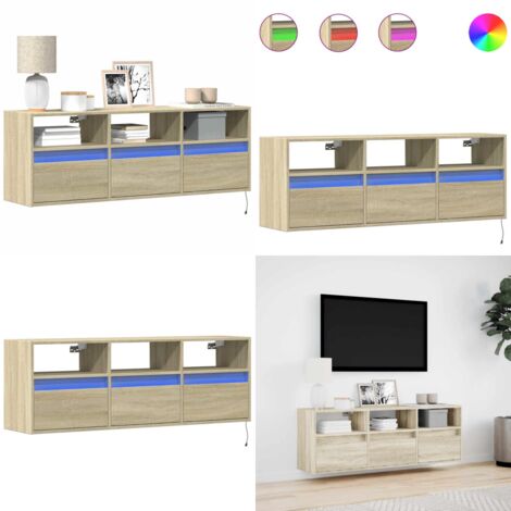 Mueble de TV de pared con luces LED roble Sonoma 130x31x45 cm - Armario de TV - Muebles de pared