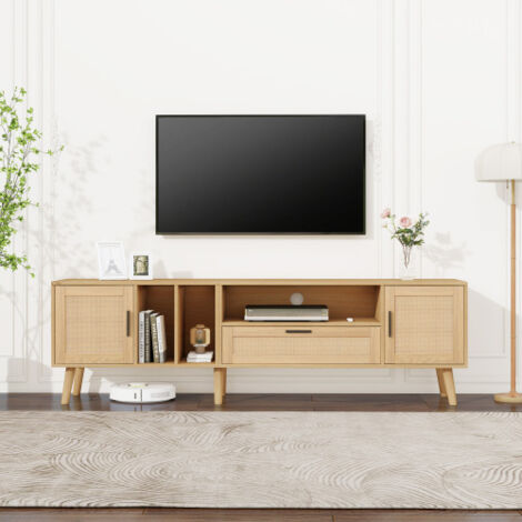 Mueble de TV de ratán con 2 puertas y 1 cajón, patas de madera maciza