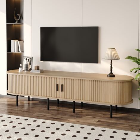 Mueble de TV elíptico de 170x40x46 cm con puertas correderas, 2 nichos abiertos, gestión de cables, MDF natural.