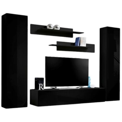 Mueble de TV FLY A1 de diseño, color negro brillante. Mueble colgante moderno y de moda para su sala de estar.