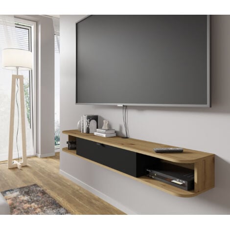 BIM FURNITURE Mueble de TV ICARUS 156 cm colgante bajo televisión, redondeado, roble artisan/negro mate
