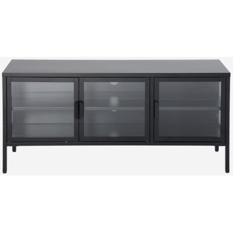 Mueble de TV industrial de metal y vidrio templado con 3 puertas, 120cm
