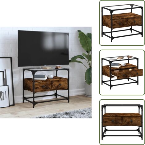 Mueble de tv industrial - vidaXL Mueble TV cristal y madera ingeniería roble ahumado 60x35x51 cm -
