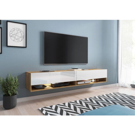 Mueble de TV Lowboard A 180 cm, mueble de televisión sin iluminación LED, dos estanterías, color wotan blanco brillo