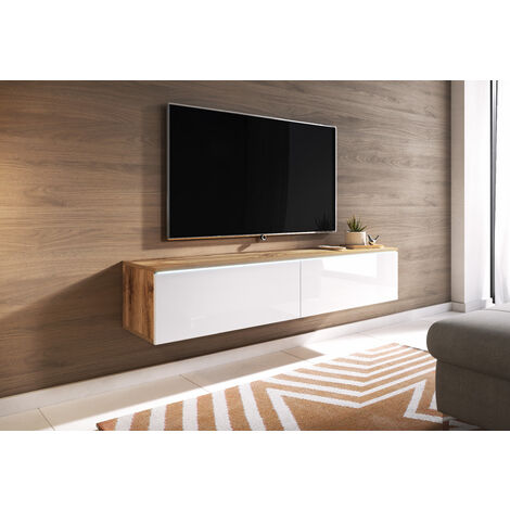 Mueble de TV Lowboard D 140 cm, mueble de televisión con iluminación LED, mueble de televisión colgante, color blanco brillo/hormigón