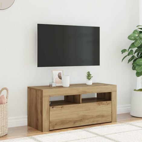 Mueble de TV luces LED madera roble artisan 90x35x40 cm