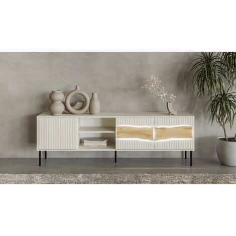 Mueble de TV Luvinate, aparador de salón con tres puertas batientes y dos compartimentos, con luces LED, elevado del suelo, 190x40 h62 cm, beige y nudos de roble