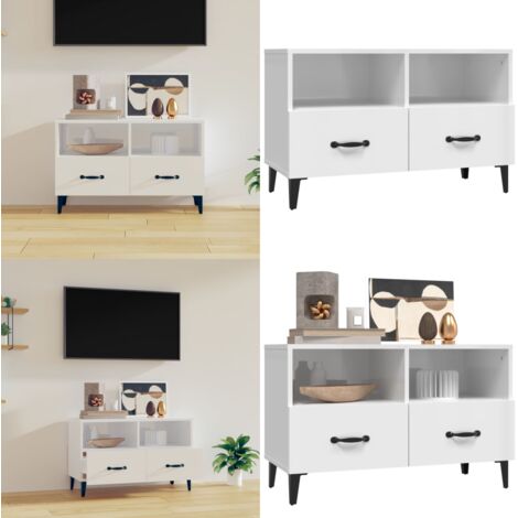 Mueble de TV madera contrachapada blanco brillo 80x36x50 cm - Madera contrachapada - Mueble blanco