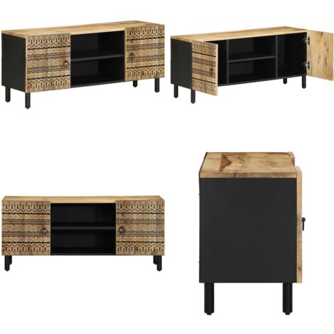 Mueble de TV madera maciza de mango rugosa negro 105x33,5x46 cm - Madera de mango - Mueble industrial