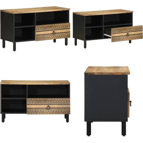 Mueble de TV madera maciza de mango rugosa negro 80x33,5x46 cm - Madera de mango - Mueble industrial