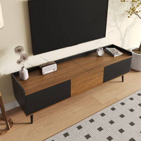Mueble de TV marrón con 3 puertas, acabados en negro y madera natural. 160x39x50 cm
