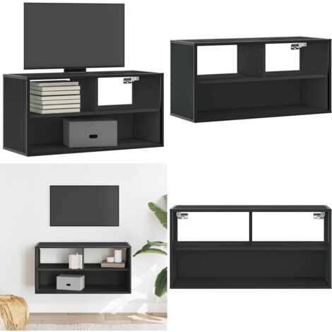 Mueble de TV metal y madera de ingeniería negro 80x31x39,5 cm - Mueble de pared - Mueble de TV metal