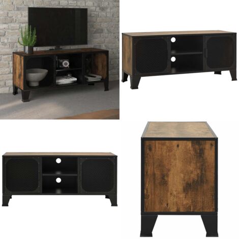 Mueble de TV metal y MDF marrón rústico 105x36x47 cm - Mueble de TV metal - Mueble de TV marrón