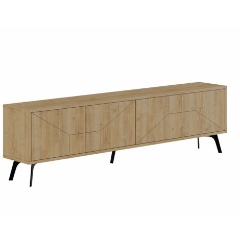Mueble de TV moderno de roble, 180 cm, 100% melamina, bisagras de cierre suave, patas de metal