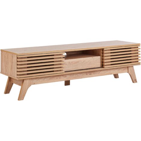 Mueble de TV moderno puertas correderas 1 cajón frente de listones madera clara Detroit II