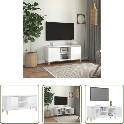 Mueble de tv -  Mueble de TV patas madera pino blanco con brillo 103,5x35x50 cm