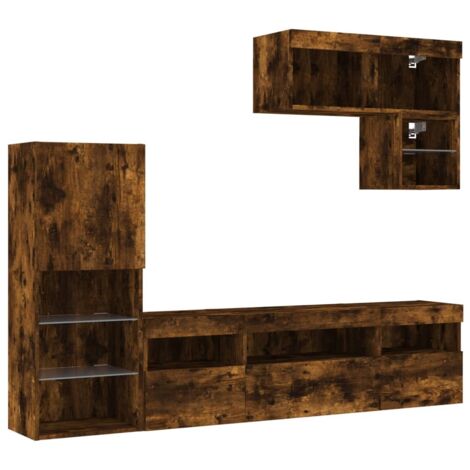 Mueble de TV multimedia estante para TV aparador para TV comedor sala de estar dormitorio con LED 6 piezas madera de ingeniería de roble ahumado marrón 020029451