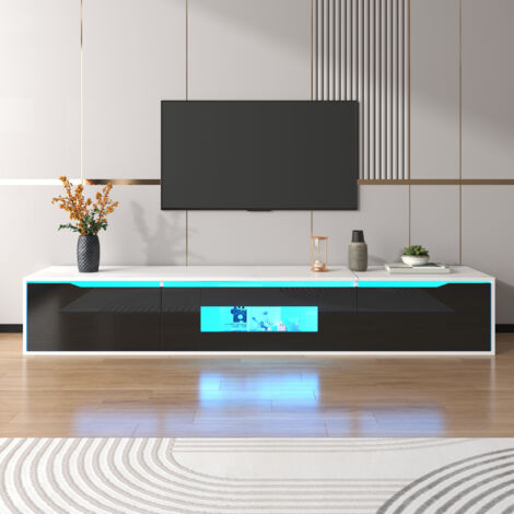 Mueble de TV negro brillante, mueble de TV de pared con luz LED regulable, negro+blanco, 185x35x30 cm