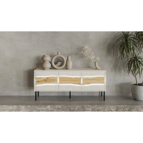 Mueble de TV Novoli, aparador de salón con puertas batientes y compartimentos interiores, con luces LED, elevado del suelo, 144x40 h62 cm, beige y nudos de roble.