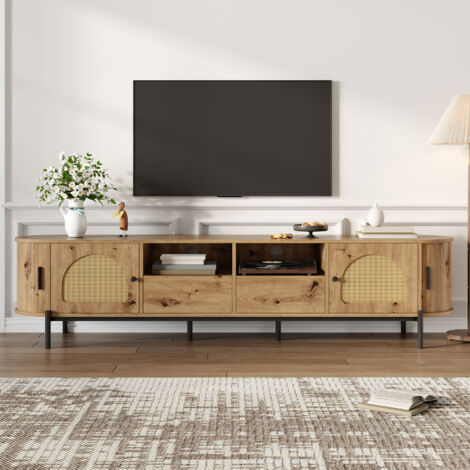 Mueble de TV ovalado de 200x40x49,5 cm con puertas correderas, cajones y sistema de gestión de cables, fabricado en MDF con efecto madera natural.
