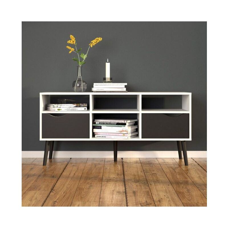 

Mueble de TV para salón 117 cm Chloe Blanco Mate y Negro Mate con dos cajones y cuatro estantes | Blanco y Negro