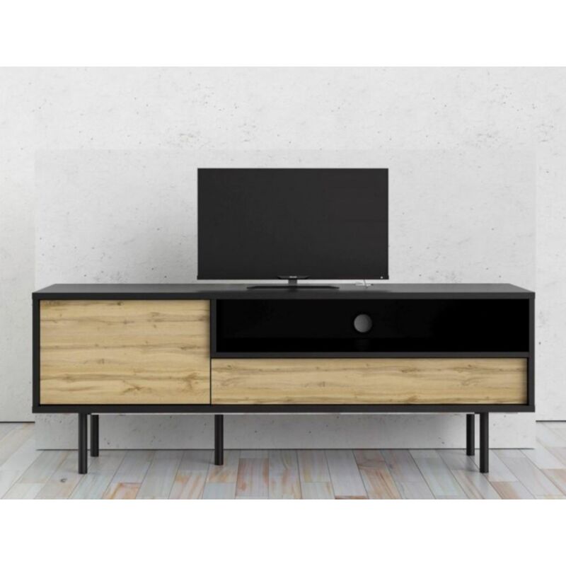 

Mueble de TV para salón 137 cm Negro mate y roble claro | Negro y roble