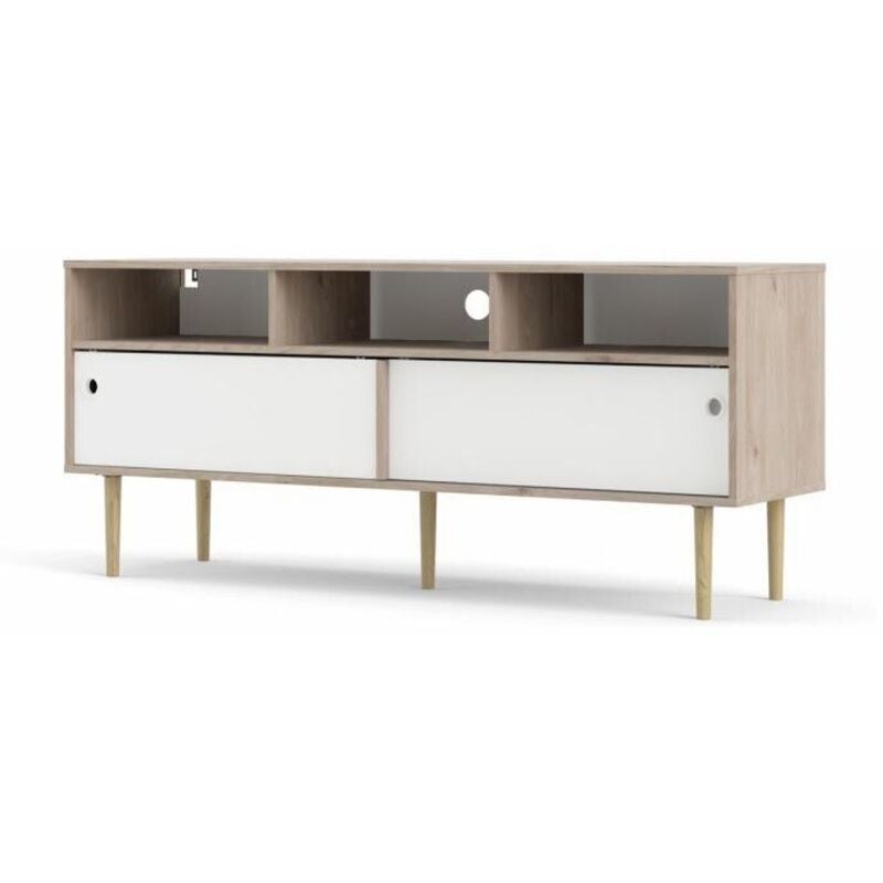 

Mueble de TV para salón 147 cm Blanco Mate y Roble con dos puertas correderas y tres compartimentos | roble y blanco