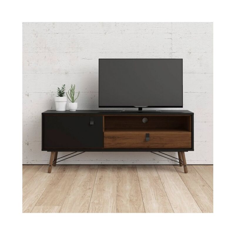 

Mueble de TV para salón 150 cm Negro mate y nogal | Negro y nogal