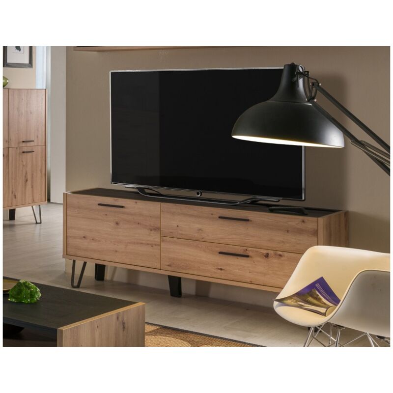 

Mueble de TV para salón 150 cm Roble y Negro con una puerta y dos cajones | Roble y negro